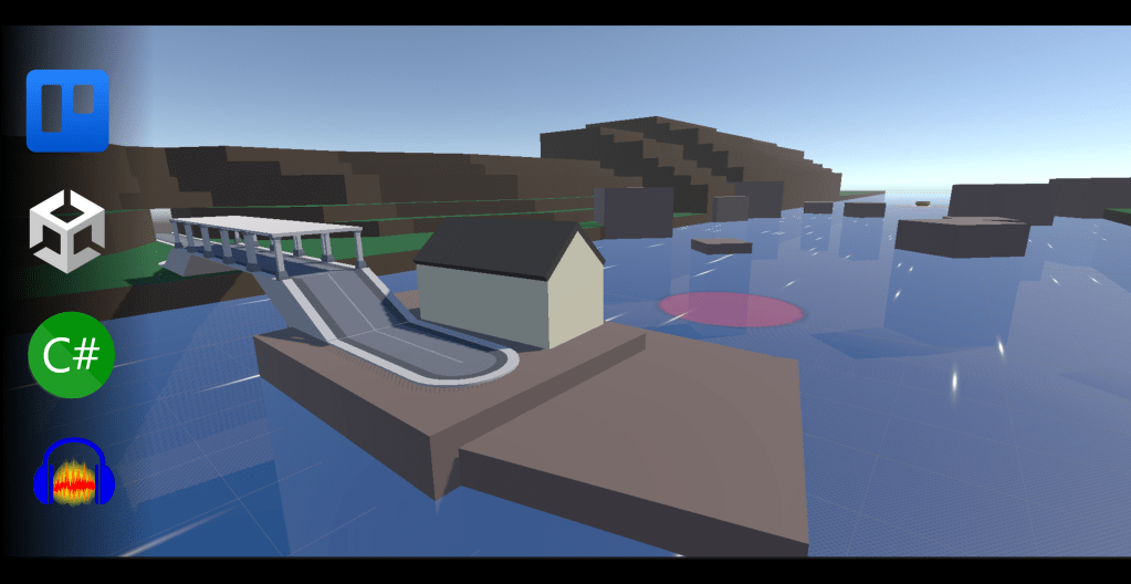 Image shows an in-game screenshot of a river. In the foreground, a small yellow hut with a black roof sits on a small, rocky island - connected to the riverbank by a steel bridge. A tiny boat is visible far in the distance, beyond rocks and hills. Icons displayed on the left: Trello, Unity3D, C#, Audacity