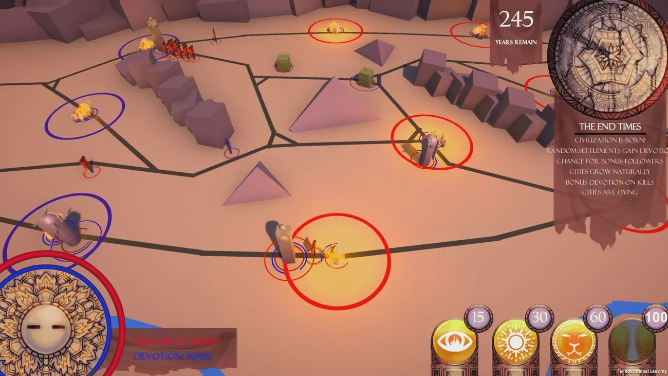 Picture of a the desert, now darkened. All of the towns around the map are slowly burning with orange flames. A timer in the top right hud displays a shattered sundail, and declares it "THE END TIMES".