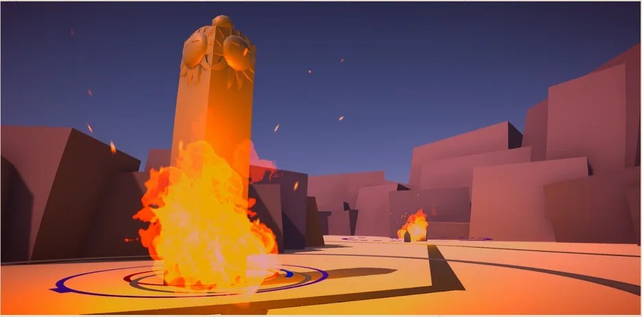 Image of a two-faced, golden monolith, burning in a desert. The blue sky is darkened in comparison to the orange flames.