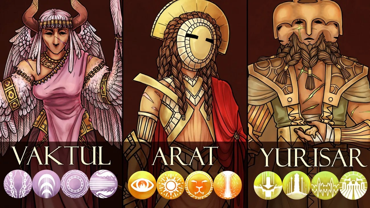 A banner by Samantha Arehart showing our 3 original characters: Vaktul - the horned, angel like storm goddess, Arat - the golden-masked sun god, and Yurisar - the three-faced god of lies and sand.