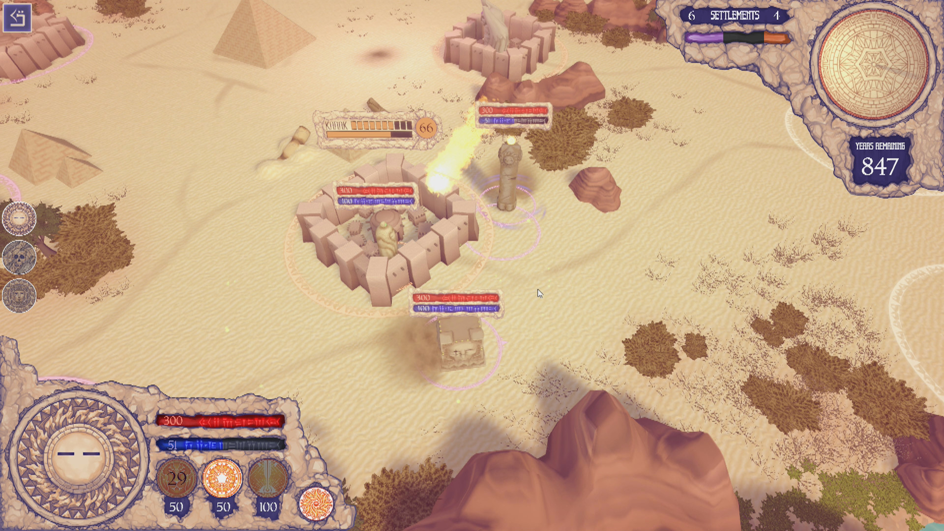 Two monoliths - one tall and rectangular, the other a cube - lay seige to a city (Karak). The tall monolith is flinging a large, golden ball of flames down at a small monolith protecting the city from within its walls.