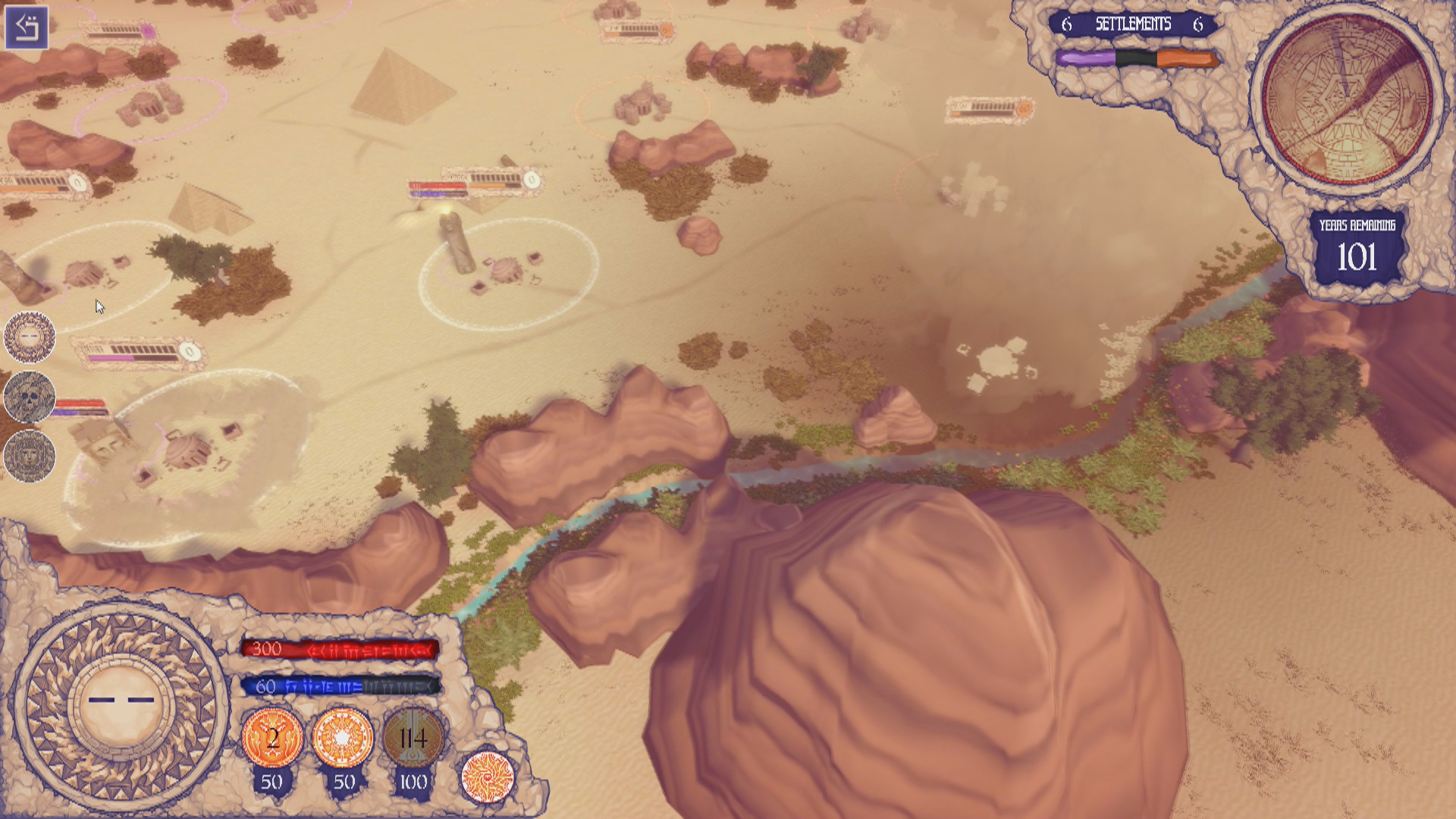 The end of the ingame world. The desert is darkened, and the golden sundial that tracks time is cracked and splintered. In the bottom left of the screen, a massive cloud of dust rises where a city has collapsed into the earth.