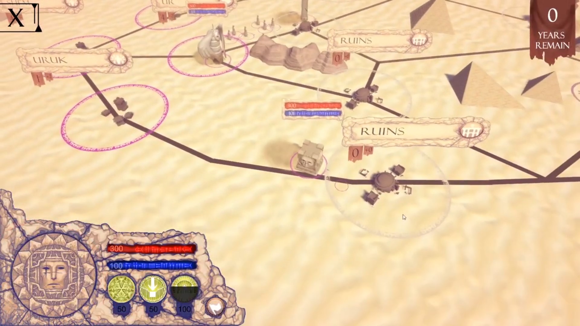 The bottom left corner of a desert landscape, with a network of black roads connecting ruined cities. In the top left, two cities named Uruk and Ur are visible. along with a tall, winged monolith.