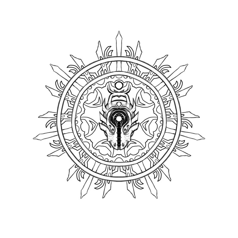 A black and white, ornate ring pattern, like a sun whose outer edges are made of blades. At the center, a face with a vaguely bovine shape.