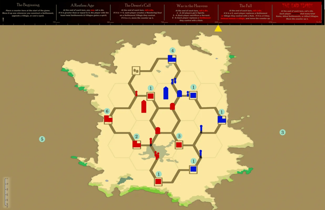 A brown board with a patch of golden-colored sand at the center of it. The sand is divided up into 19 hexagon tiles, with roads running along their edges. Several cities and units - represented as blue and red boxes and lumps - move along the roadways.