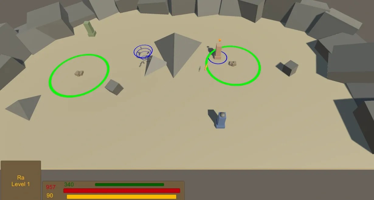 A barebones game scene - a pale, tan plane surrounded in a semicircle by gray rocks (cubes) hovering against a gray skybox. A few rocks and pyramids are strewn across the map, as well as two small clusters of buildings, each with a green ring around them. There are 3 obelisks on the map - green, orange, and blue. A small, low-poly tornado whirls diagonally across the map.