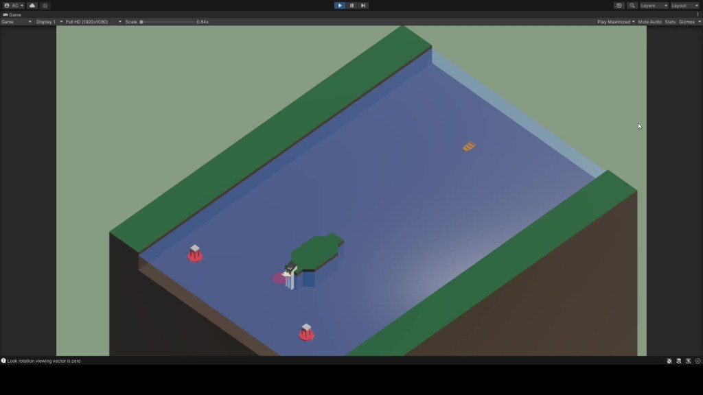 Image of a rectangular body of water, with green banks on the northwest and southeast sides. A small boat heads downstream towards an island, flanked by two buoys.