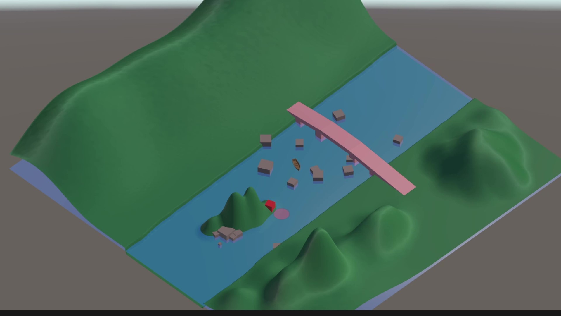 A small chunk of a waterway hovers above a grey background. A blue canal with green hills on either side. A tiny boat spins out as it navigates the rocks below a salmon-colored bridge, on it's way to a little island with a red harbor.