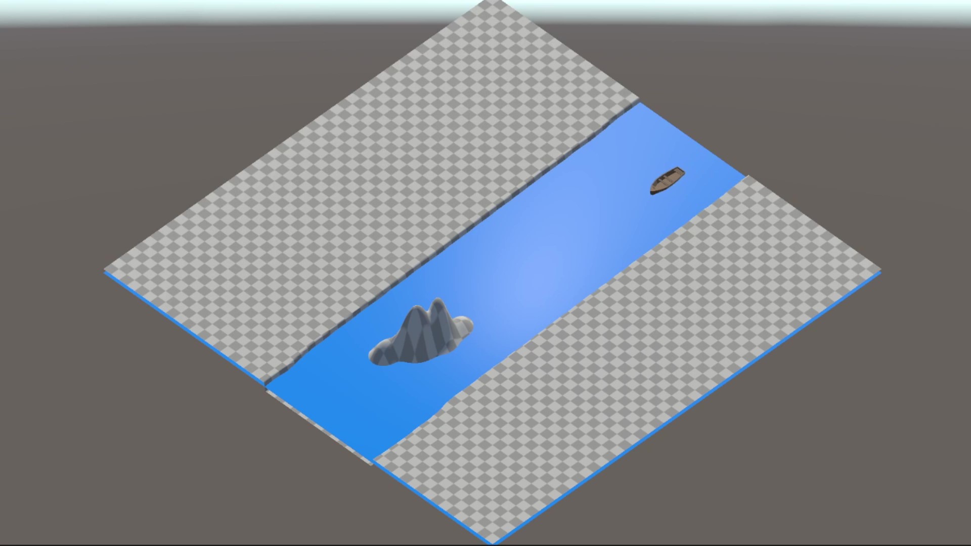 A grey checkerboard square hovers above a grey void. A single blue channel runs through the middle of the square, from northeast to southwest. At the far end of the channel sits a small, brown boat. On the other end, a small island with two hills.
