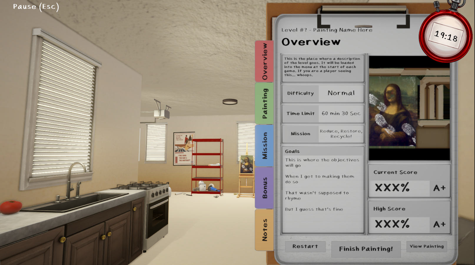 A brightly lit garage. On the right side of the screen, a player holds a clipboard, with details and images pertaining to the current restoration mission.