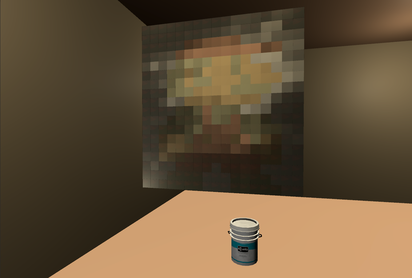 A pale brown room with a tan floor. A square depicting the Mario sprite from the original Super Mario Bros. hovers in the center of the room, covered in layers of gray and brown. The area around mario's face has been partially scrubbed clean.