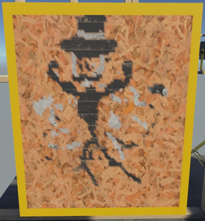 A yellow-framed painting, with the texture of a wooden pressboard. A stick figure with large muscles, a tophat, and a handlebar moustache flexes on the canvas.