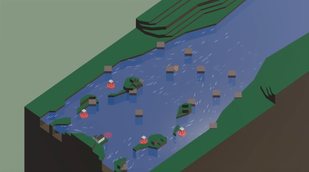 A low-poly lake environment, opening from a more narrow river on the top right, and running to an end in the bottom left. Rocks and islands form a sort of semi-circle around a port on the bottom left. A few red buoys dot the islands.
