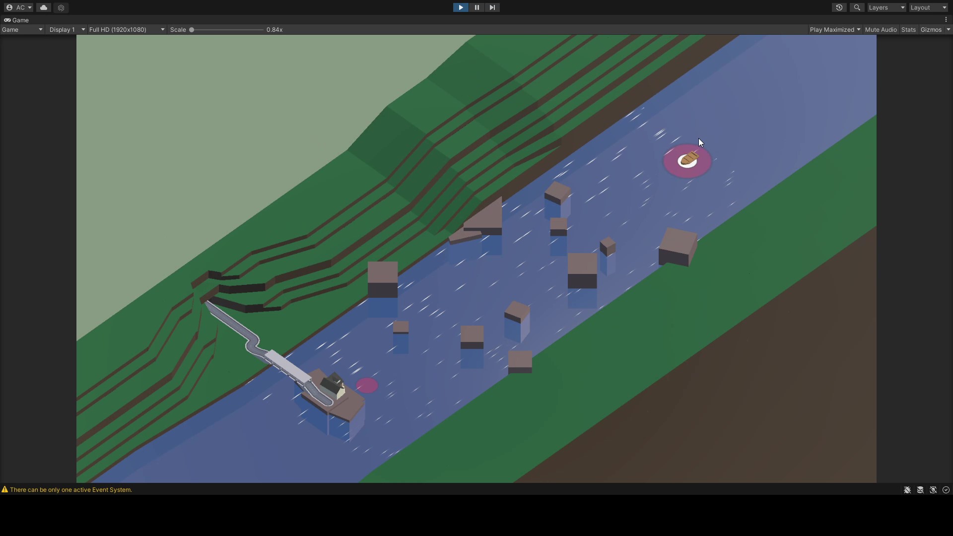 A straight channel of blue water, with a current flowing northeast to southwest. Step-hills of green grass and brown soil flank either side. A tunnel at the bottom left opens out towards the water, with a road running over a bridge to an island shack in the center.
