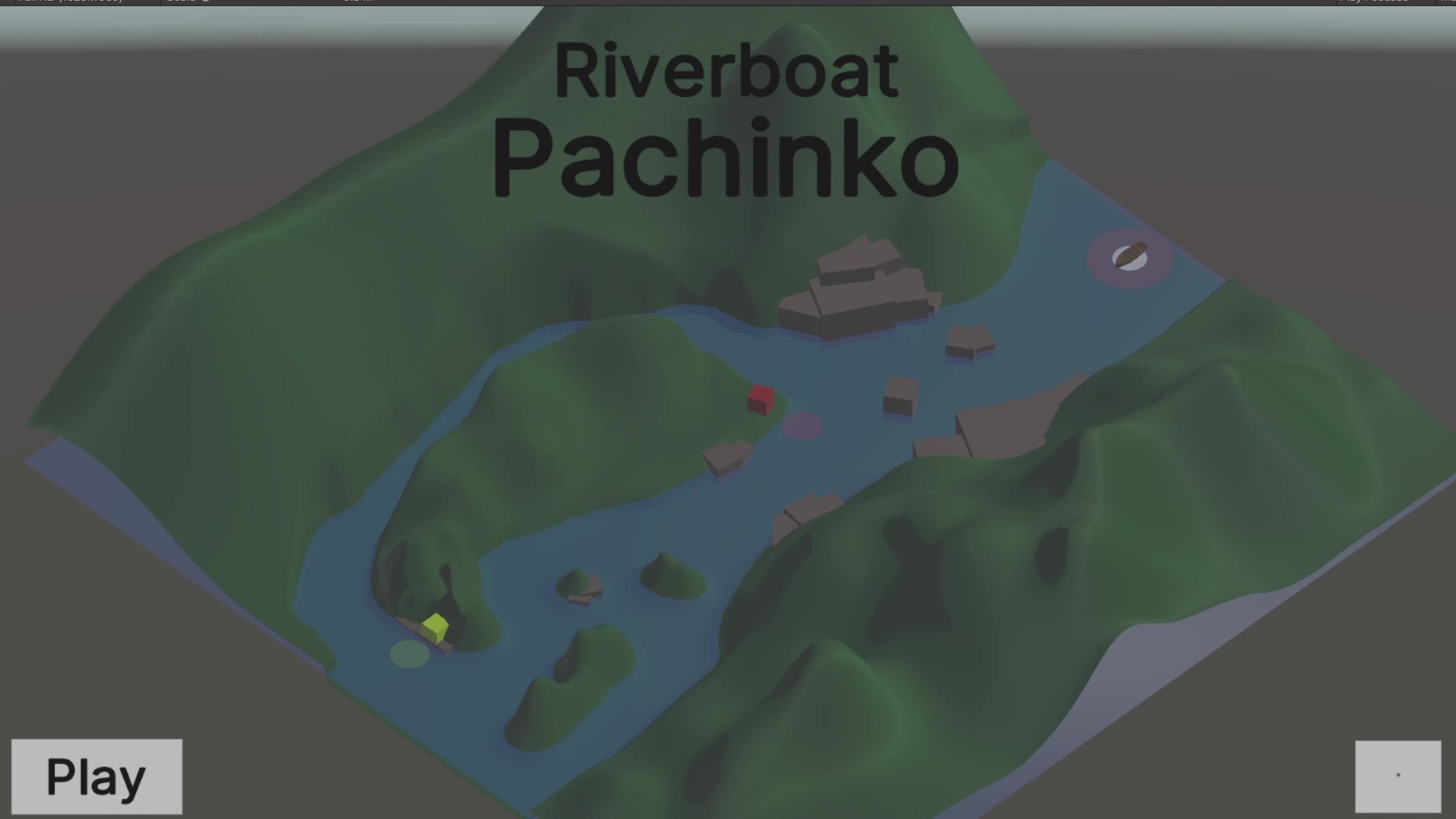 A picture of a green fjord valley, with a gray menu overlay. The title reads "Riverboat Pachinko", and there is a play button in the bottom corner.