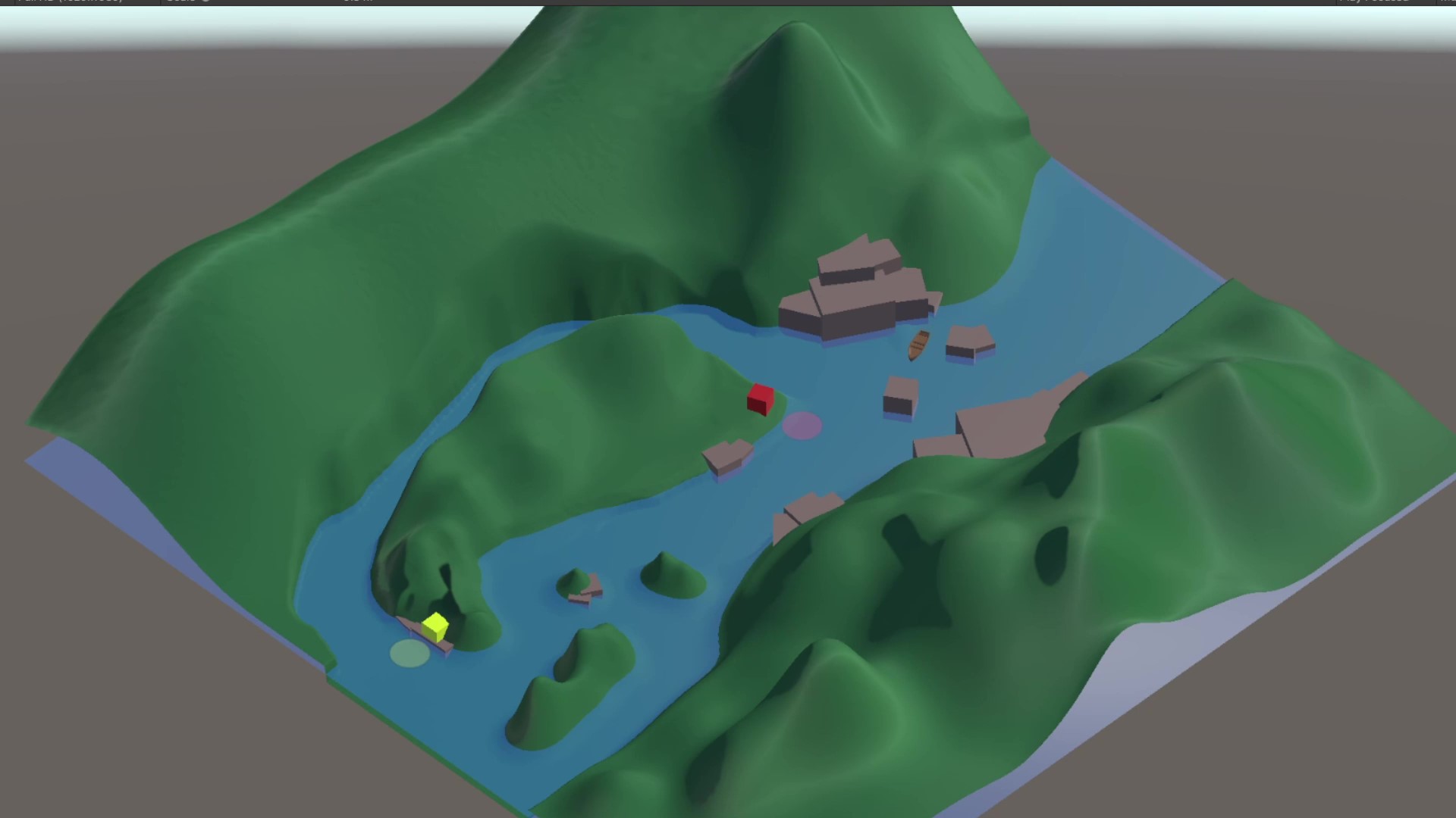 A fjord-inspired map. A blue river winds northeast to southwest through a steep canyon. In the north, a boat spins through a series of rocky bluffs, headed two island ports in the south.