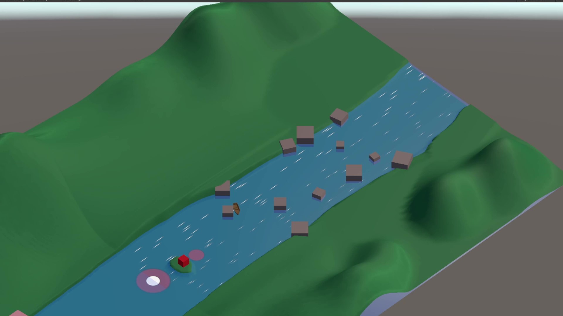 Image of a simple blue water channel, flowing between two sets of green hills. A boat makes its way to a tiny green island, with a red building on it.