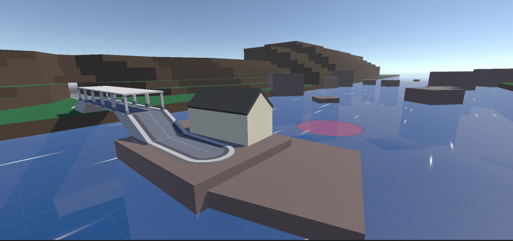 Image shows an in-game screenshot of a river. In the foreground, a small yellow hut with a black roof sits on a small, rocky island - connected to the riverbank by a steel bridge. A tiny boat is visible far in the distance, beyond rocks and hills.