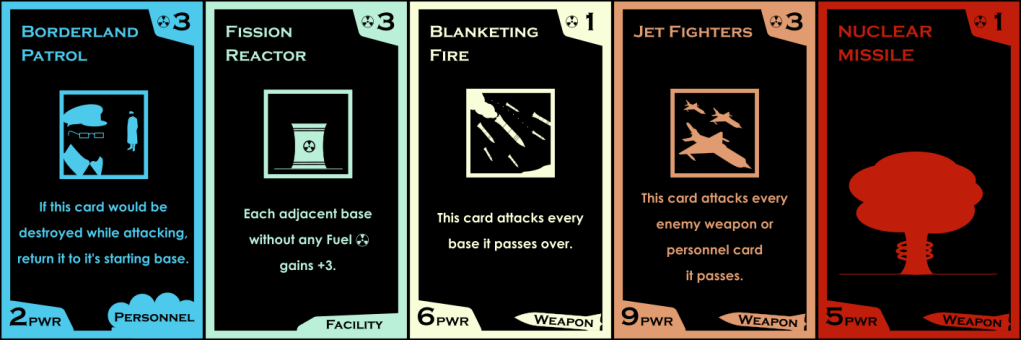 5 cards. A blue card, "Border Patrol: If this card would be destroyed while attacking, return it to its starting base." A green card, "Fission Reactor: Each adjacent base without any fuel gains +3." A yellow card, "Jet Fighters: This card attacks every enemy weapon or personnel card it passes." Lastly, a red card, "Nuclear Missile".