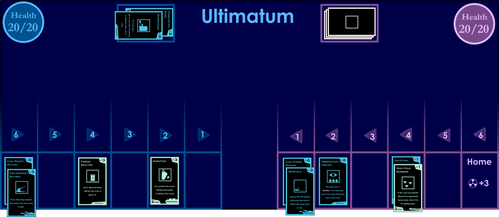 A dark blue game board, with one side for a light blue team and one for a magenta team. Top from left to right: A blue circle with 20/20 health, a blue deck of discarded cards, the word "ULTIMATUM", a magenta deck of discarded cards, and a magenta health bar, 20/20. The bottom half of the board contains a 12x2 grid of card-sized slots. In the top half of the grid, are numbers, 1-6 on each side, running towards the center of the board. On the bottom of the grid, a few spaces with cards.