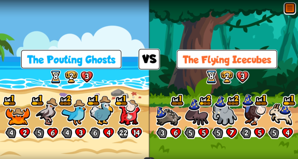 Image of a battle in Super Auto Pets. The left team, "The Pouting Ghosts", consists of a crab, a secretary bird, a songbird, a dodo, and a salamander. The right team, "The Flying Icecubes", consists of a porcupine, a door-head ant, an elephant, an emu, a guineafowl, and a saiga antelope.