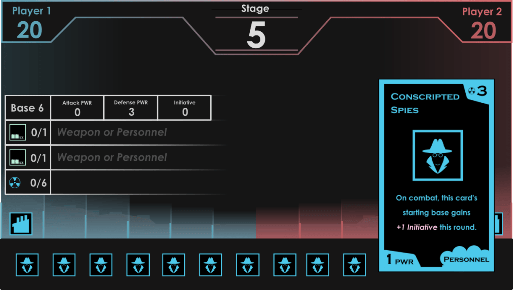 Picture of a later demo build of Ultimatum. The top of the screen displays two player health bars. The stage is overlayed on each side by a transparent row of card slots,6 for each team. A pop up shows the current cards on the leftmost base.