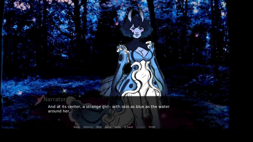A blue sea slug girl stands in front of a dark blue forest. A caption reads: "And at its center, a strange girl - with skin as blue as the water around her."