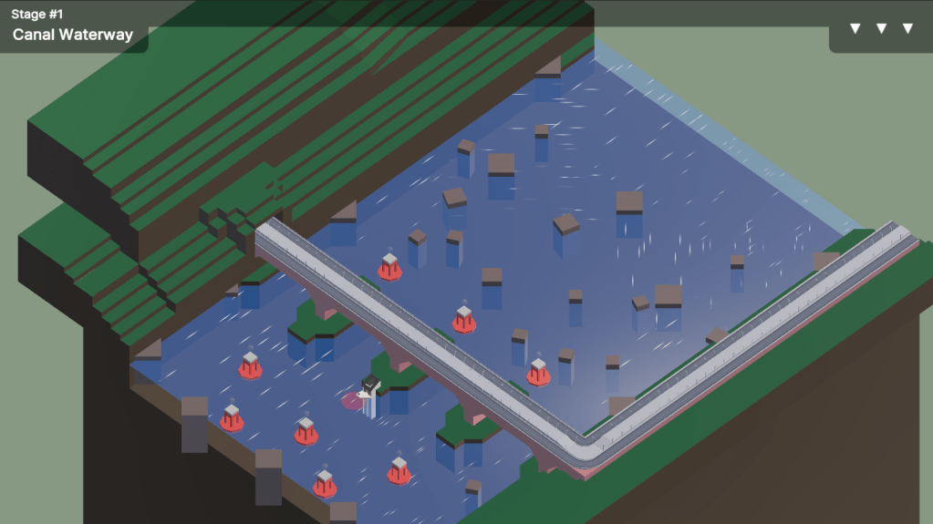 A wide, blue, low-poly river viewed from an overhead isometric perspective. Rocks and buoys litter the water, standing as obstacles between a boat and a small harbor at the bottom of the map. The whole setup vaguely resembles a pinball board, with the buoys acting a bumpers and the rocks as pegs.
