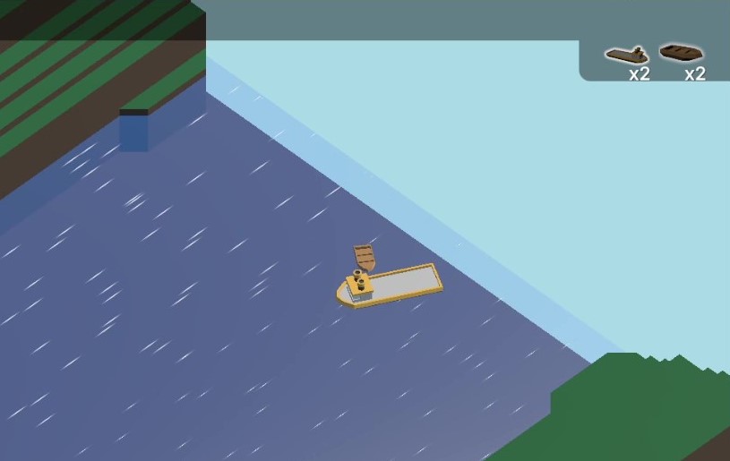 A small wooden boat about to collide with a large barge on the water.