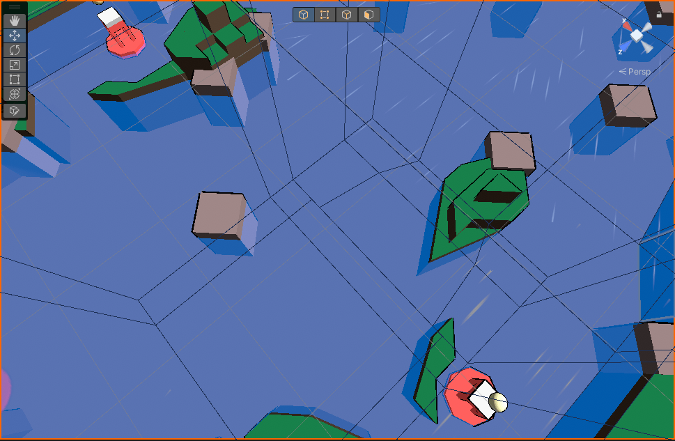 Wireframe view of a 3D model of a riverbed. Green islands float above the surface.
