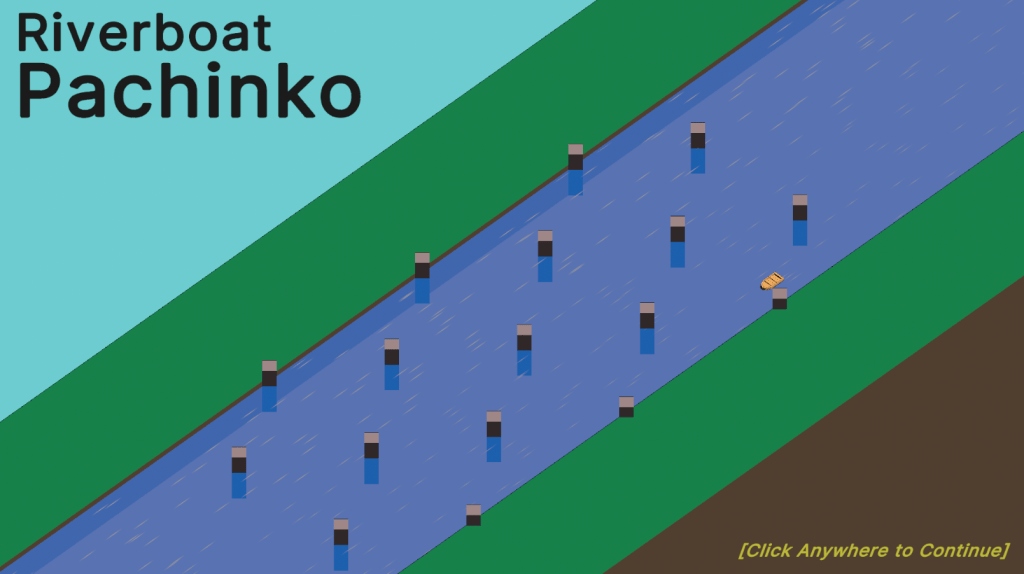 A splash screen for Riverboat Pachinko, showing a blue canal running between green hills under an aqua sky. A small boat tumbles between rocks in the center.