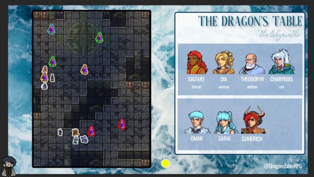 Screenshot from the livestream of The Dragon's Table: The Labyrinthe. The left shows a tile-based map in the style of a Gameboy Advance-era Fire Emblem game, and the right shows a collection of unit character portraits.