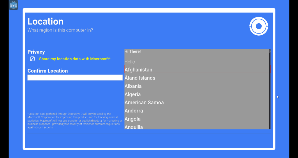 A blue screen framed in white, with a list of regions to select from. The list is a chunky gray asset, not yet matching with the theme of the rest of the window. However, the selected item is highlighted with a red outline.