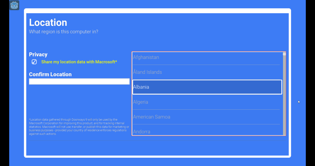 A blue screen framed in white, with a list of regions to select from. The entire scrollable list is highlighted with a red outline.