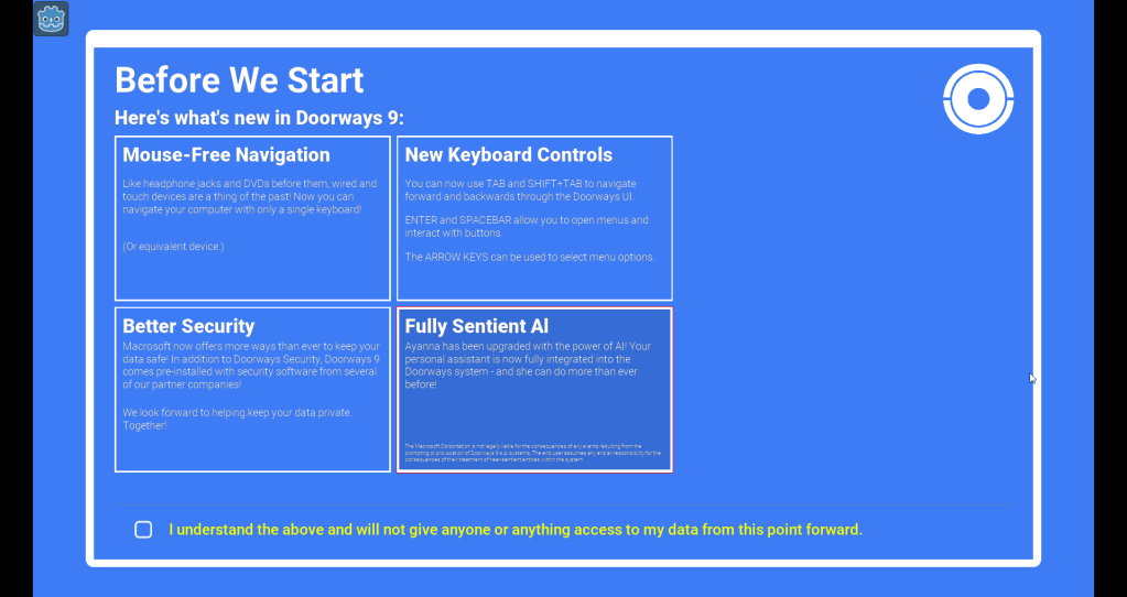 Picture of an "About" screen in the style of a windows setup menu. A red box outlines the currently selected area.