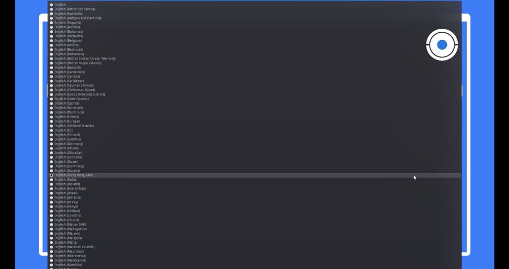 Every version of english in microsoft's list, by region, in a large popup menu completely blotting out a game screen.