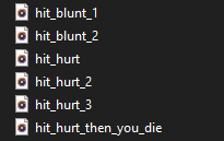Sound effect .wav files, including "hit_blunt_1", "hit_blunt_2", "hit_hurt", "hit_hurt_2", "hit_hurt_3", and "hit_hurt_then_you_die".