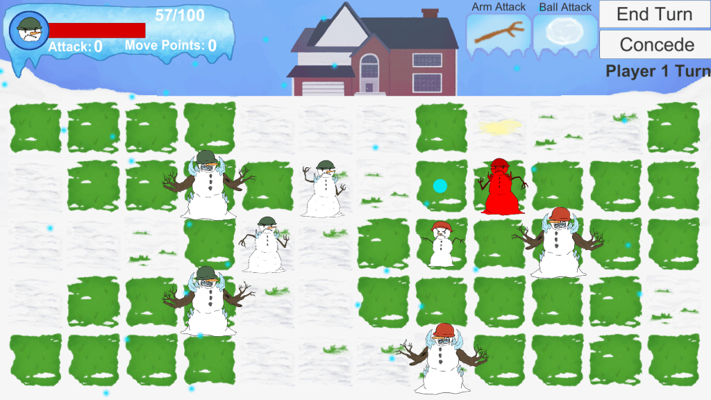 A picture of snowball showdown - with several snowmen moving around in combat on a grid. A menu button is in the top right corner, along with a reset button