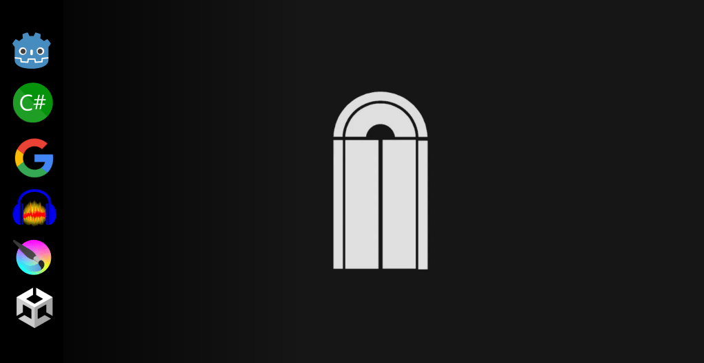 A black screen, with a white door-shaped logo hovering at it's center. Icons displayed on the left: Godot Engine, C#, Google Suite, Audacity, Krita, Unity.