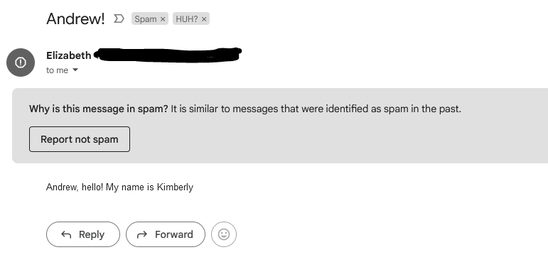 Email titled "Andrew!" from an "Elizabeth" reading "Andrew, hello! My name is Kimberly"