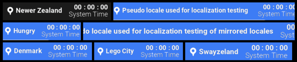 List of countries including "Newer Zealand", "Psuedo locale used for localization testing", "Hungry", "Psuedo locale used for localization testing of mirrored locales", "Denmark", "Lego City", and "Swayzeland".