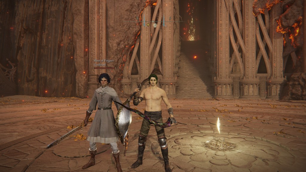 Two figures standing in front of a massive stone gate, wreathed in embers and golden light. The left figure, "Host of Fingers - Godfried" is a pale figure with blue hair, a white robe, and a silver sword and shield. The right figure is a wide-torsoed, shirtless man with reptillian eyes and hints of scales on his skin, holding two curved swords.