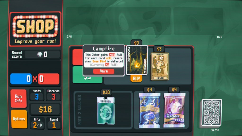 Balatro's shop, with the cursor hovering the campfire. "This Joker gains 0.5 Mult for each card sold, resets when Boss Blind is defeated. Currently x1 mult"