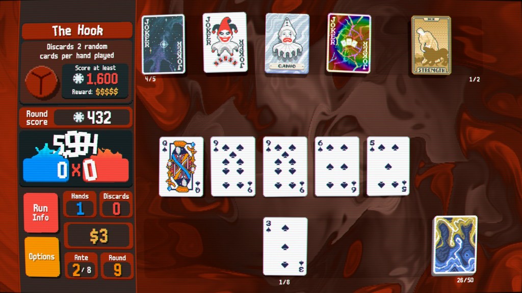 A flush hand in balatro, consiting of a queen, two nines, a six, and a five, all of spades. The jokers present at the top of the screen show a galaxy of stars, a red-and-black joker holding 5 cards, a sad silver clown named canio, and 3 cards emitting lightning and a rainbow sheen