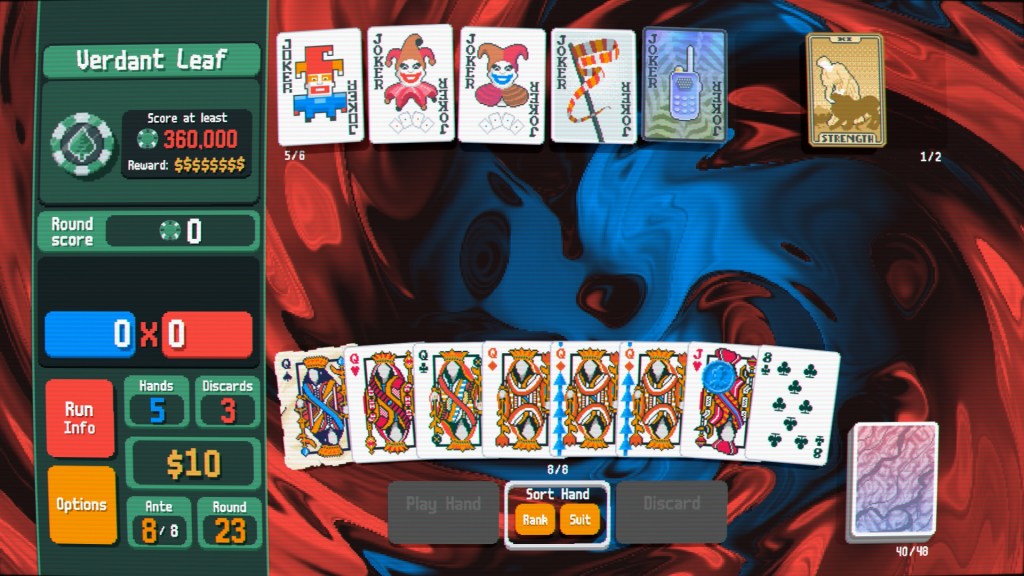 Balatro, ante 8 vs the Verdant Leaf boss. First hand drawn contains 6 queens, a jack, and an 8 of clubs, with a collection of jokers including Square, Zany, Mad, Banner, and 10-4.