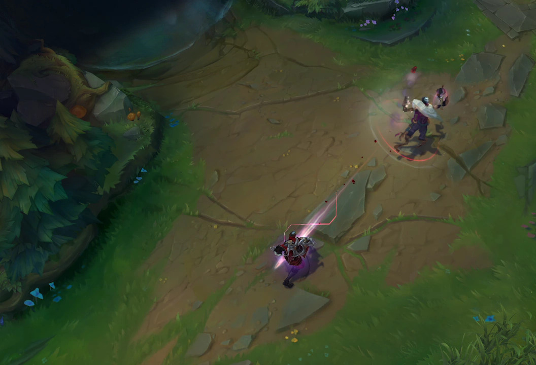 A man in white and crimson firing a large, pink, magical bullet through the heart of a silver clad ninja.