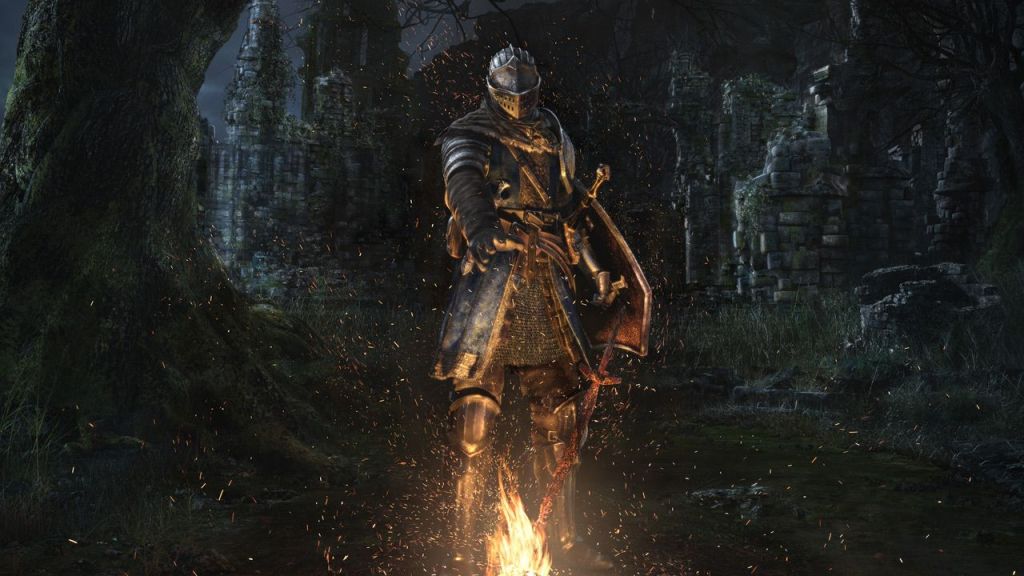 A silver-clad knight holds an hand over a bonfire, against a backdrop of dark ruins.