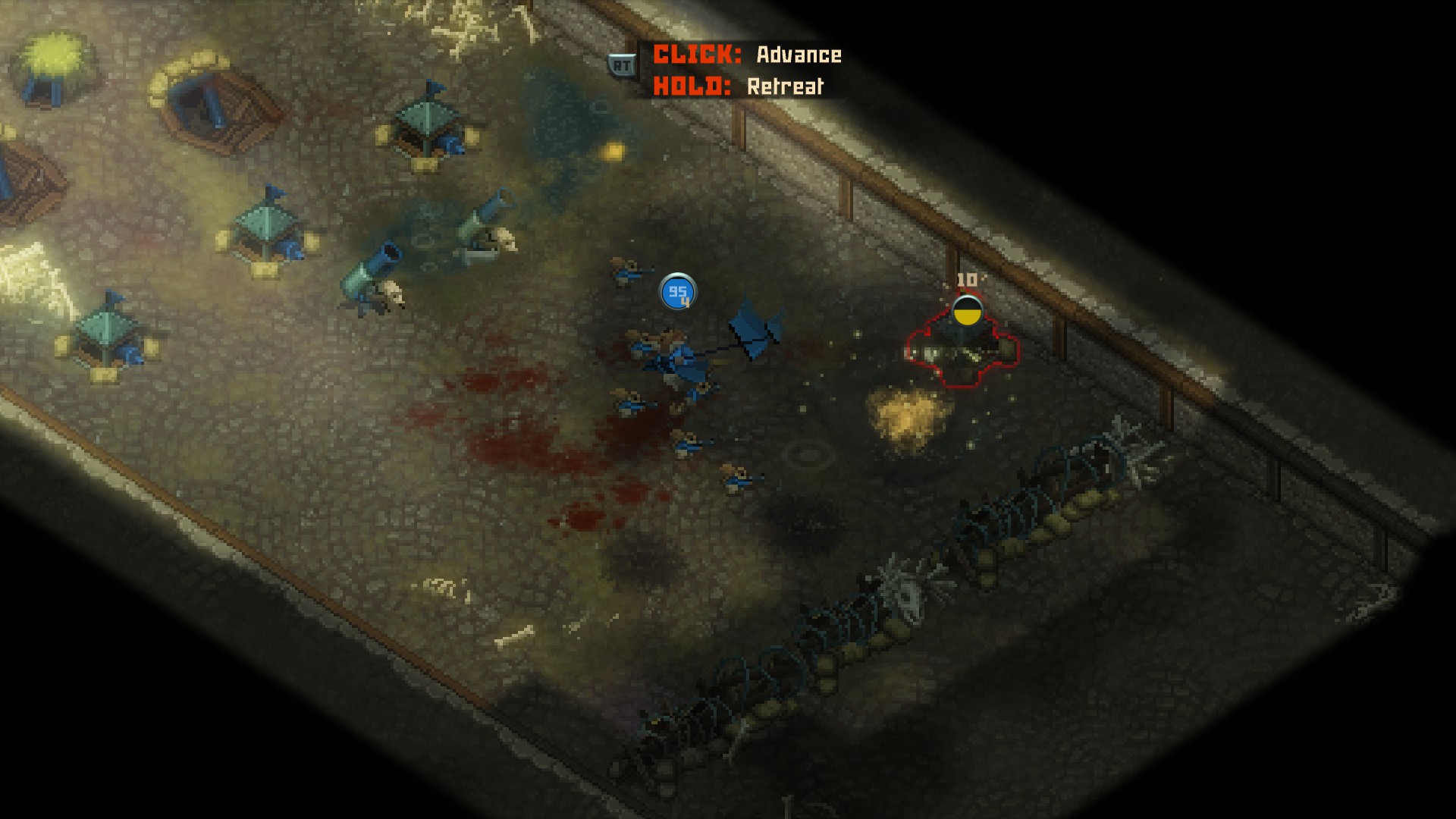 A bespectacled rat sprints away from a turret in a dingy, dark trench, as a a group of small woodland creatures open fire upon it.