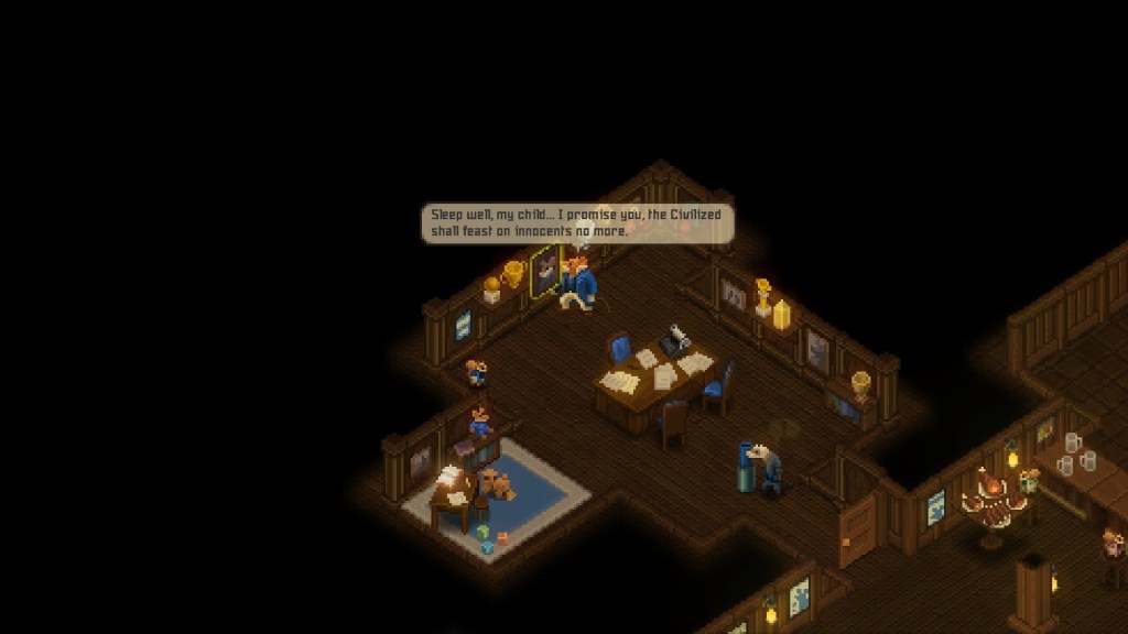 Blue-clad rat, staring at a photograph on the wall: Sleep well, my child... I promise you, the civilized shall feast on innocents no more"