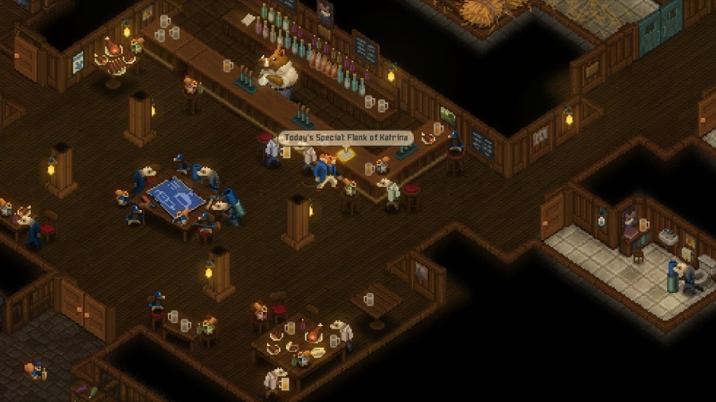 Blue-clad rat, standing in a warmly-lit bar: "Today's Special: Flank of Katrina".